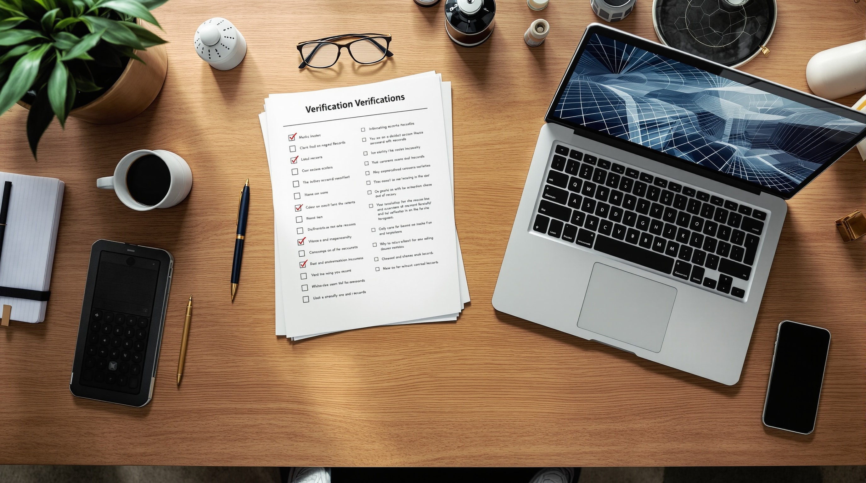 An organized desk with a printed report, a checklist being verified, and a laptop showing a records database