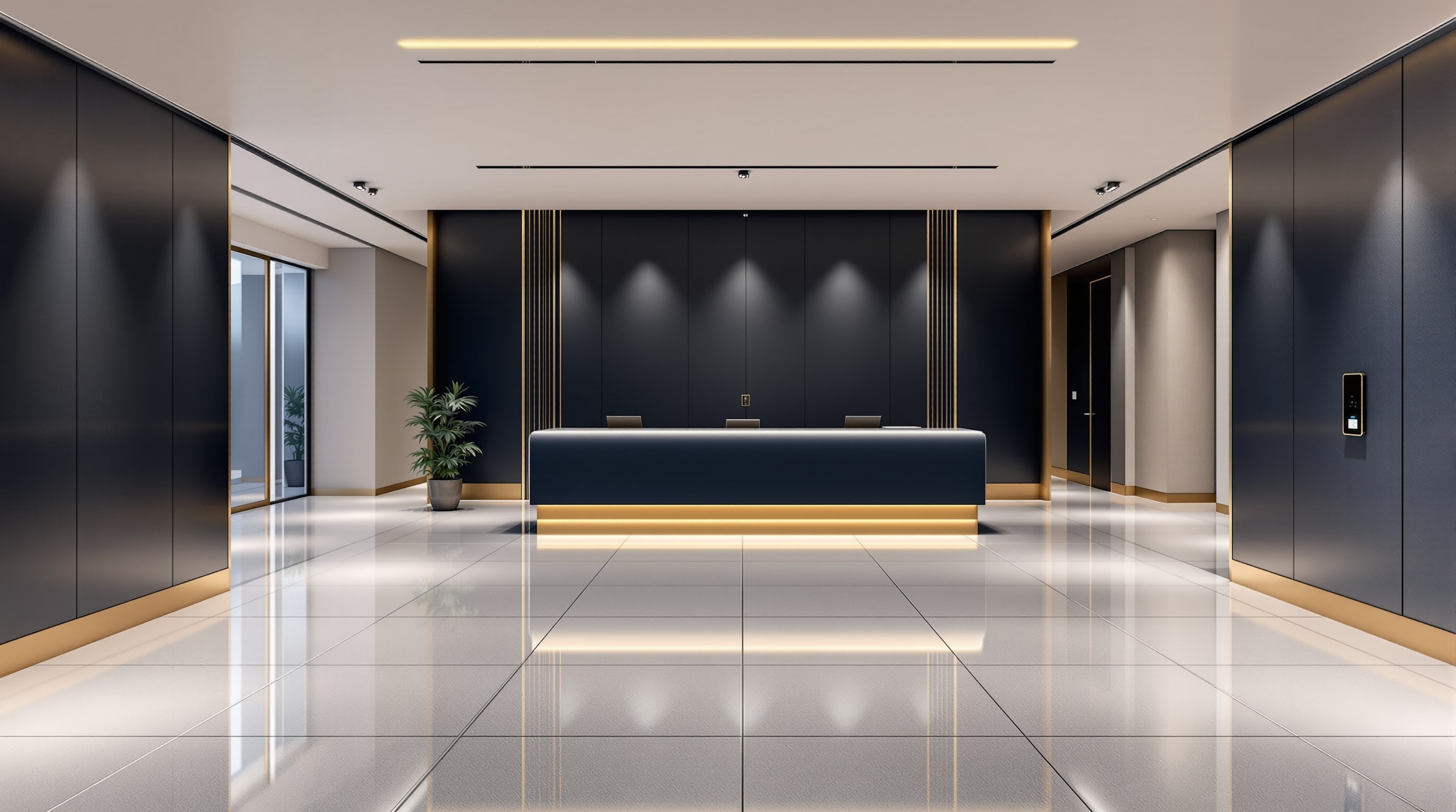 A modern office lobby at night with subtle security cameras and access-control readers, empty and quiet