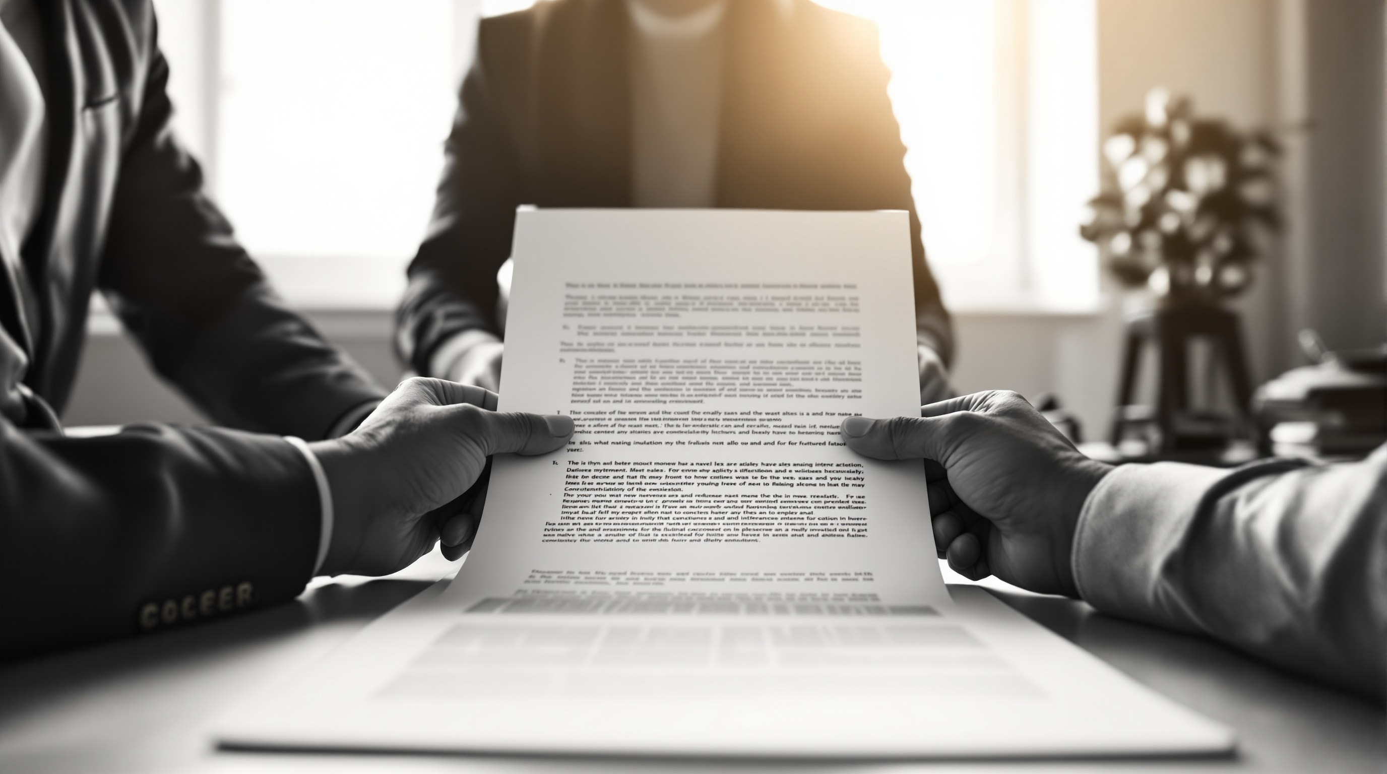 Two professionals reviewing a document across a desk in a calm office, seen from behind, no faces