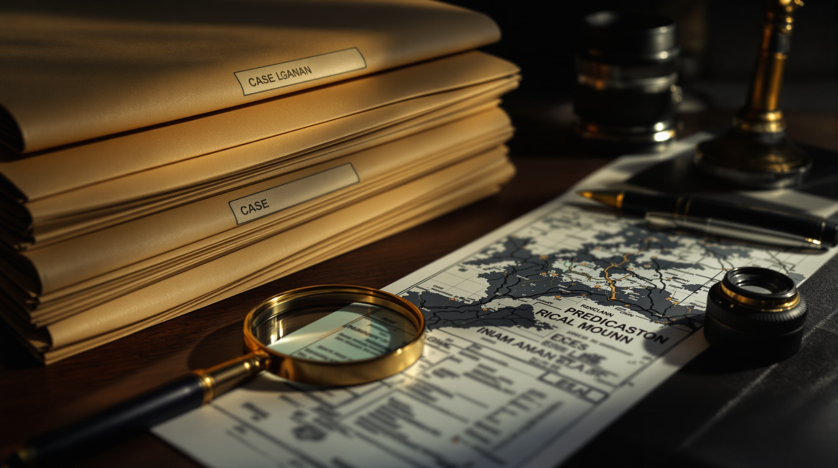A tidy investigator's desk with case files, a map, a magnifier and a camera lens under warm light