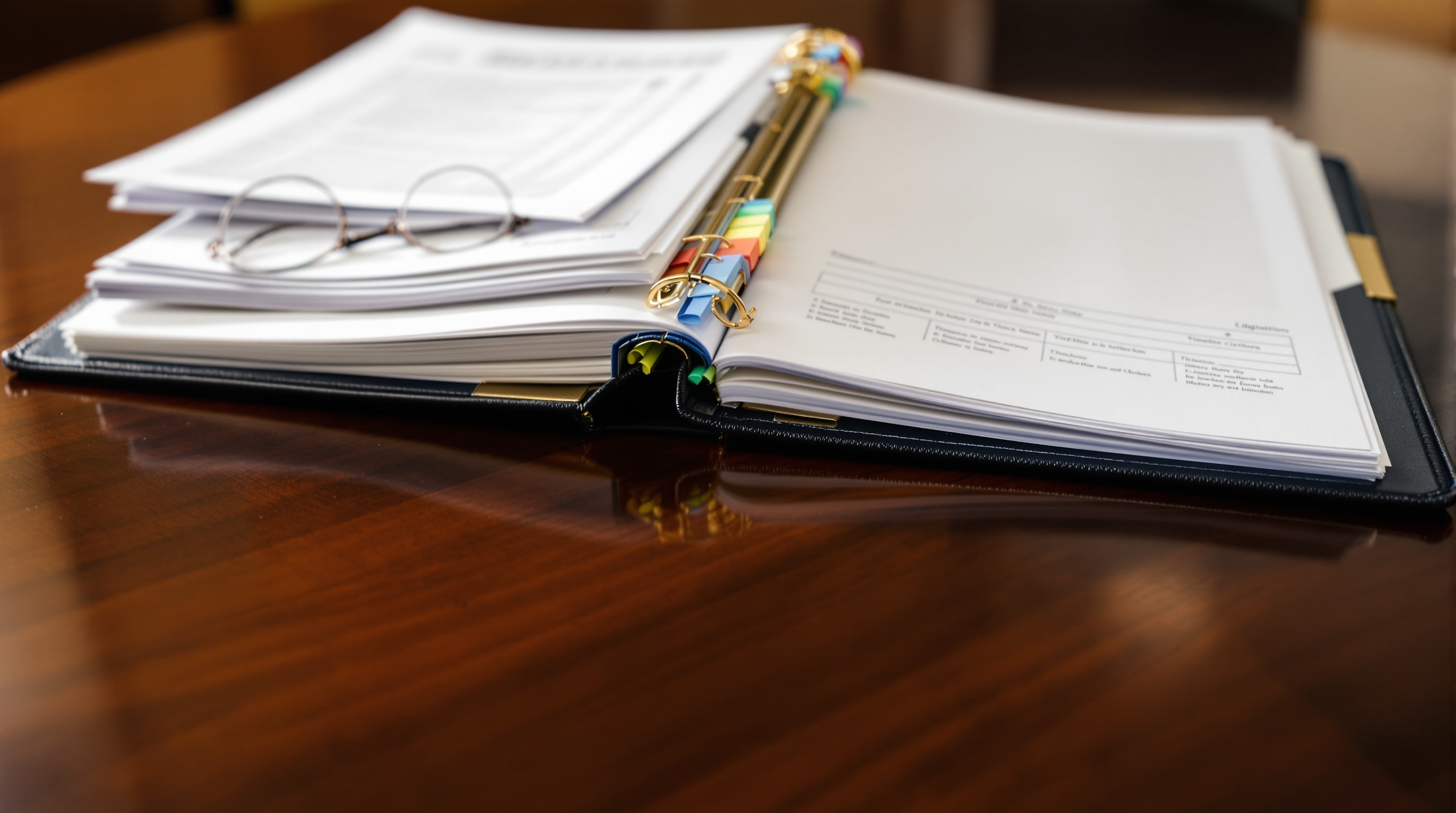 An organized litigation binder with tabbed exhibits, sticky flags, and a timeline chart on a conference table