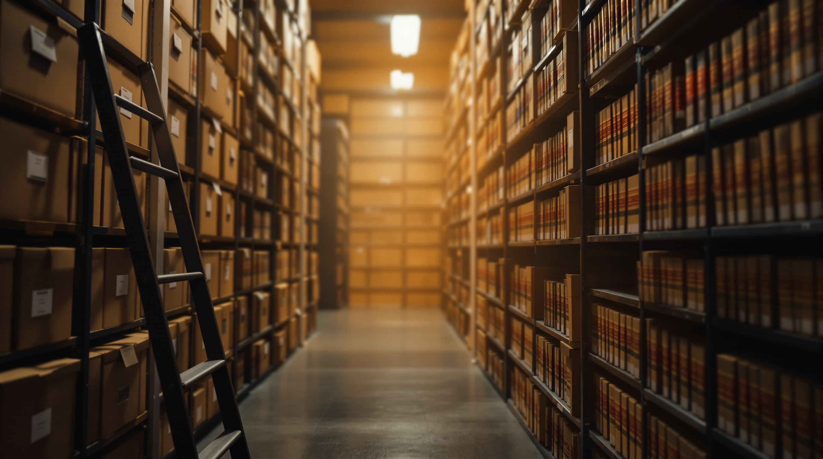 Rows of labeled archive boxes and bound court volumes on library shelves under warm light