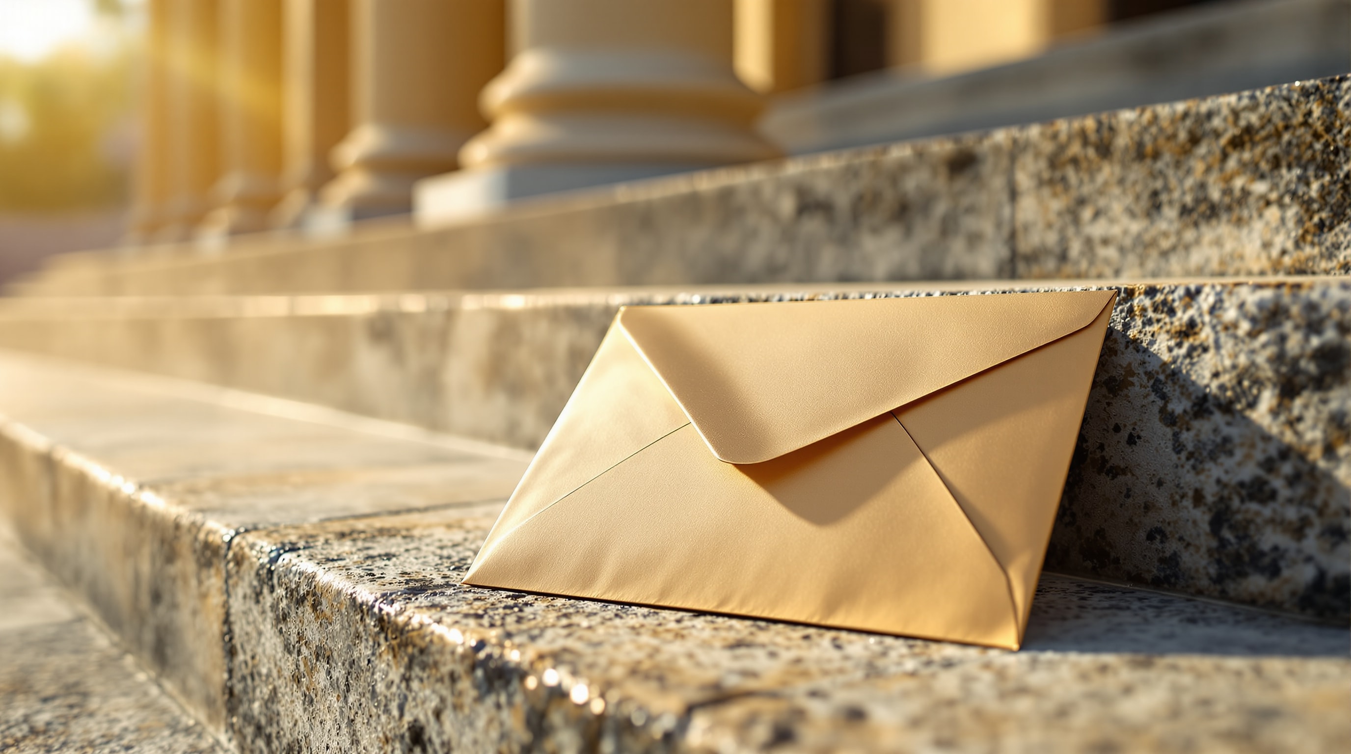 A sealed legal envelope and a stamped proof-of-service affidavit resting on a courthouse step