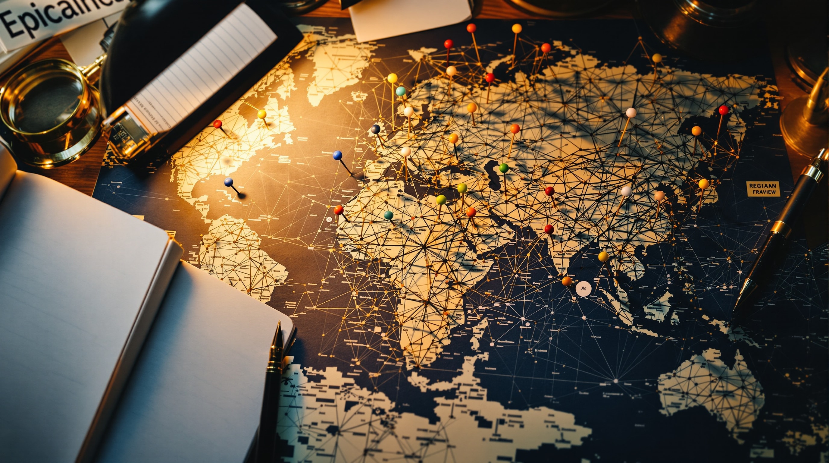 A regional map with several pinned locations connected by string, beside a notebook and magnifier